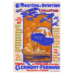 Affiche Meeting Aviation Clermont-Ferrand 1923 Maurice Busset avions biplans parachutiste Aulnat