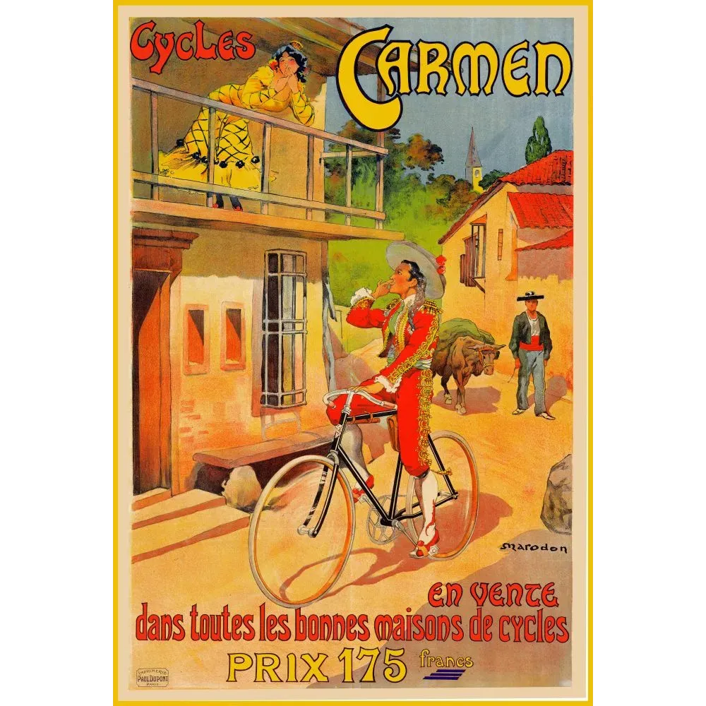 Publicité Cycles Carmen toréador vélo ruelle espagnole femme balcon Marodon Paul Dupont Paris Publicité Cycles Carmen toréador vélo ruelle espagnole femme balcon Marodon Paul Dupont Paris