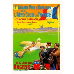 Affiche 1er Grand Prix Aviation Anjou Angers 1912 biplan décollage officiers militaires Leyssieux Éditions Nationales
