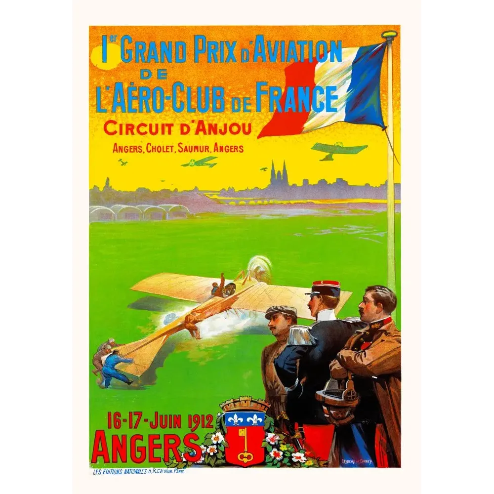 Affiche 1er Grand Prix Aviation Anjou Angers 1912 biplan décollage officiers militaires Leyssieux Éditions Nationales Affiche 1er Grand Prix Aviation Anjou Angers 1912 biplan décollage officiers militaires Leyssieux Éditions Nationales