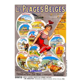 Affiche Les Plages Belges 1906 blanc 9 stations Ostende Heyst Blankenberghe Nieuport De Rycker Mendel