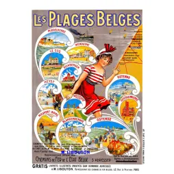 Affiche Les Plages Belges 1906 blanc 9 stations Ostende Heyst Blankenberghe Nieuport De Rycker Mendel