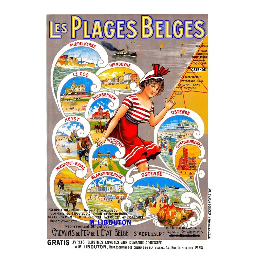 Affiche Les Plages Belges 1906 blanc 9 stations Ostende Heyst Blankenberghe Nieuport De Rycker Mendel Affiche Les Plages Belges 1906 blanc 9 stations Ostende Heyst Blankenberghe Nieuport De Rycker Mendel