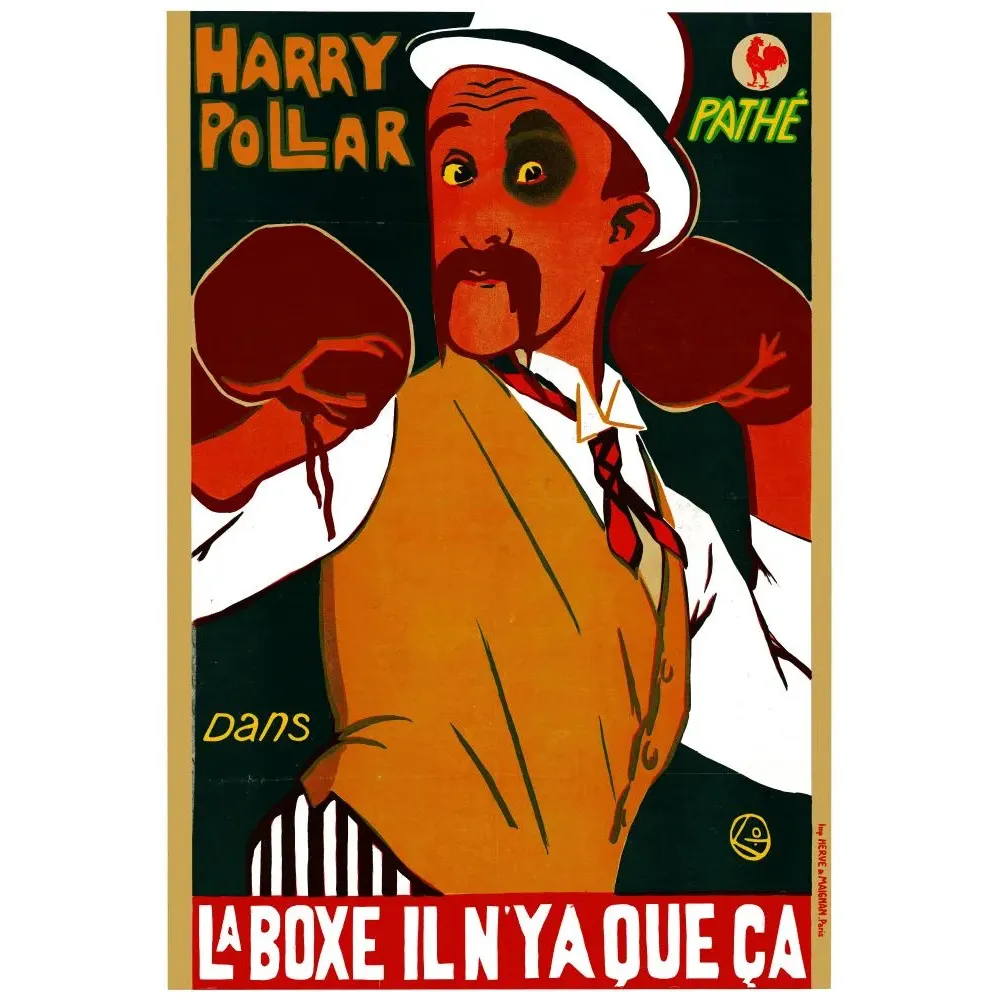 Affiche Pathé Harry Pollar La Boxe il n'y a que ça gants rouges portrait caricatural chapeau blanc œil beurre noir Hervé Maachan