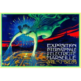Affiche Exposition Internationale Électricité Marseille 1908 D. Dellepiane figure féminine verte étincelles ville illuminée