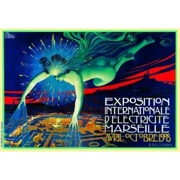 Affiche Exposition Internationale Électricité Marseille 1908 D. Dellepiane figure féminine verte étincelles ville illuminée