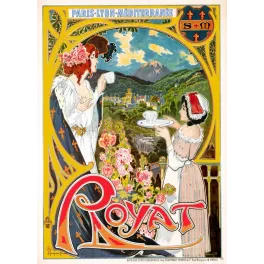 Affiche touristique Royat PLM Auvergne tasse thermale paysage volcan Puy de Dôme signé Trinquier-Trianon Courmont Paris