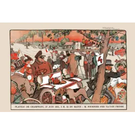 Caricature course automobile Champigny 1901 Abel Faivre voiture numérotée foule photographe chien