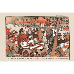 Caricature course automobile Champigny 1901 Abel Faivre voiture numérotée foule photographe chien