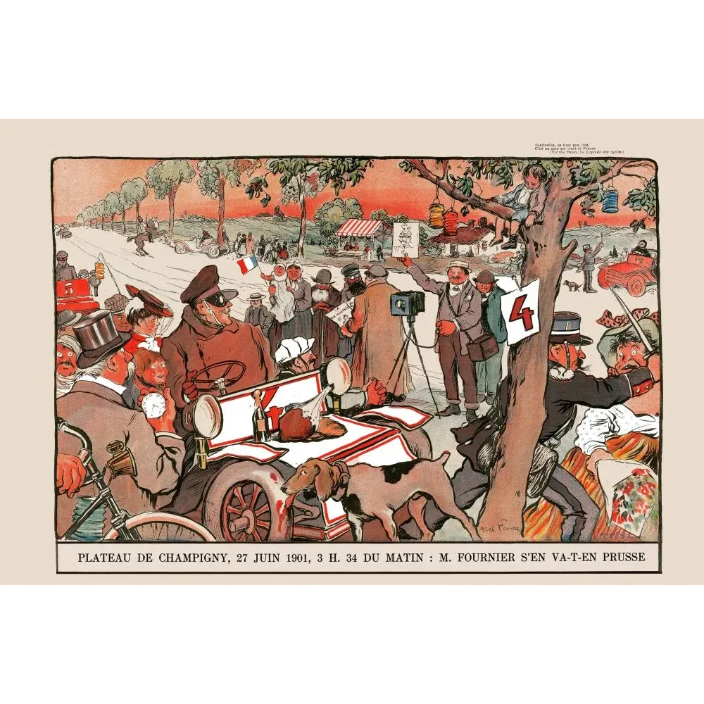 Caricature course automobile Champigny 1901 Abel Faivre voiture numérotée foule photographe chien