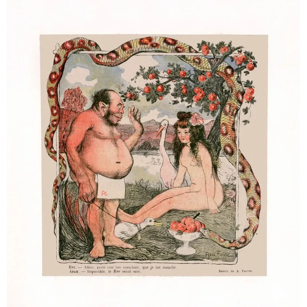 Caricature Adam et Eve A. Faivre Le Rire jardin Eden serpent pommier cygne humour Caricature Adam et Eve A. Faivre Le Rire jardin Eden serpent pommier cygne humour