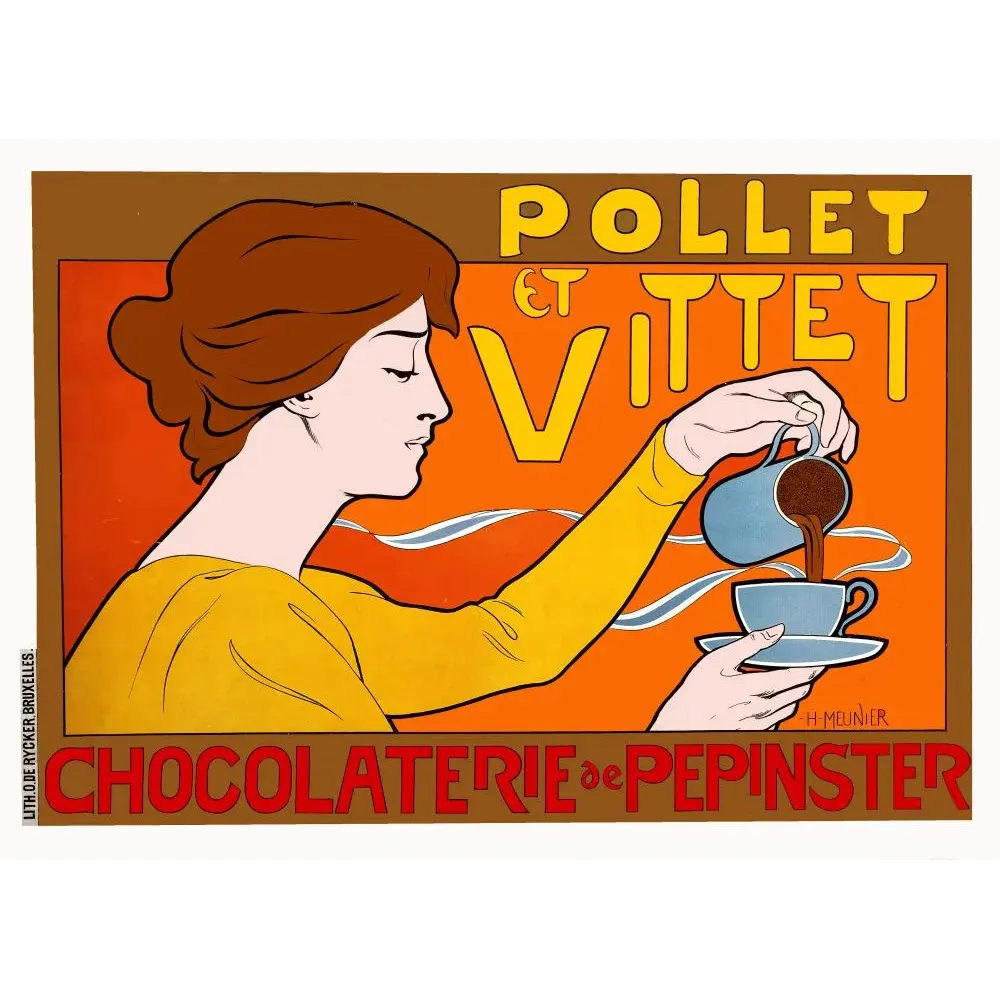 Affiche publicité chocolaterie Pepinster Pollet Vittet H. Meunier cacao chocolat tasse Affiche publicité chocolaterie Pepinster Pollet Vittet H. Meunier cacao chocolat tasse