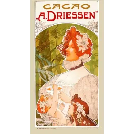 Affiche publicité Cacao A. Driessen Rotterdam Alfons Mucha 1900 femme enfants fleurs chocolat