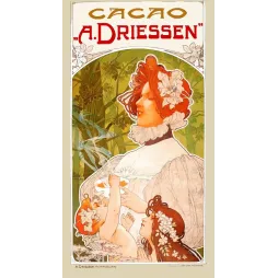 Affiche publicité Cacao A. Driessen Rotterdam Alfons Mucha 1900 femme enfants fleurs chocolat
