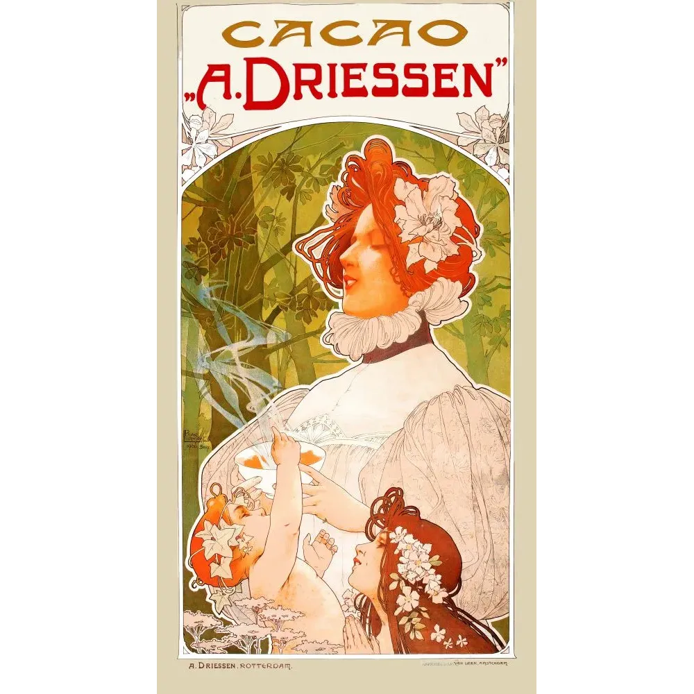 Affiche publicité Cacao A. Driessen Rotterdam Alfons Mucha 1900 femme enfants fleurs chocolat Affiche publicité Cacao A. Driessen Rotterdam Alfons Mucha 1900 femme enfants fleurs chocolat