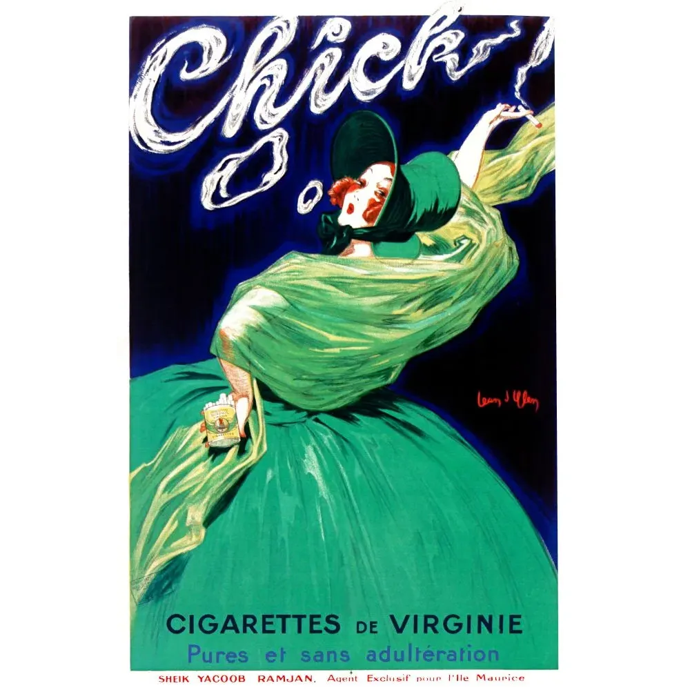 Affiche publicité Chick Cigarettes de Virginie Jean d'Ylen femme robe verte tabac fumeuse Affiche publicité Chick Cigarettes de Virginie Jean d'Ylen femme robe verte tabac fumeuse