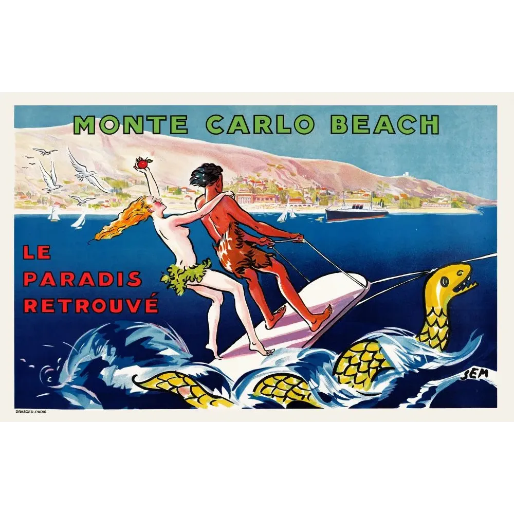 Affiche Monte Carlo Beach Le Paradis Retrouve SEM Adam Eve ski nautique Riviera