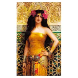 Peinture orientaliste femme robe doree palais mauresque fleurs roses bijoux argent
