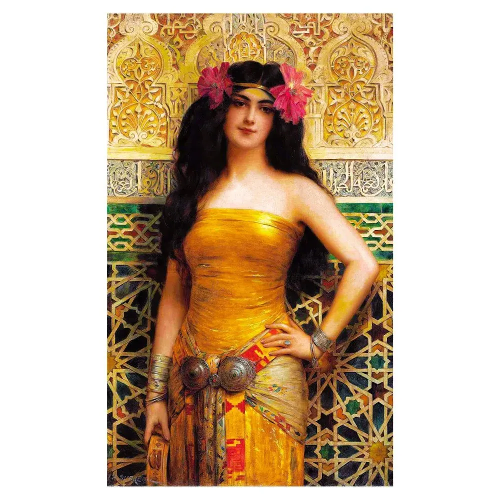 Peinture orientaliste femme robe doree palais mauresque fleurs roses bijoux argent Peinture orientaliste femme robe doree palais mauresque fleurs roses bijoux argent