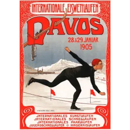 Affiche Davos 1905 courses internationales patinage vitesse Sport montagne Suisse patineur
