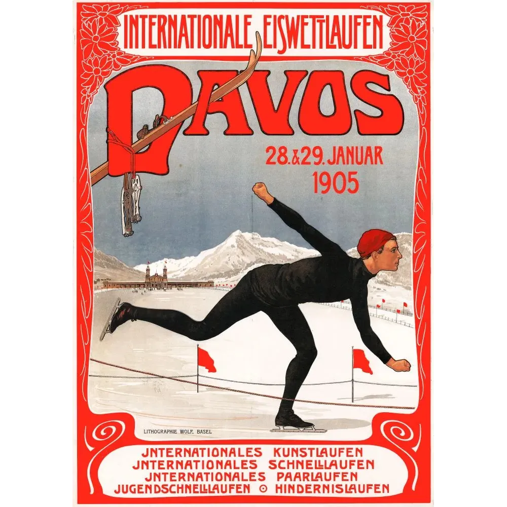 Affiche Davos 1905 courses internationales patinage vitesse Sport montagne Suisse patineur Affiche Davos 1905 courses internationales patinage vitesse Sport montagne Suisse patineur