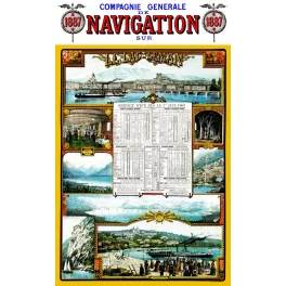 Affiche Navigation Lac Leman 1887 Geneve Lausanne Ouchy bateau vapeur horaires croisiere