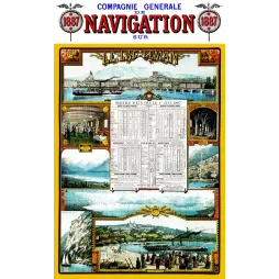 Affiche Navigation Lac Leman 1887 Geneve Lausanne Ouchy bateau vapeur horaires croisiere