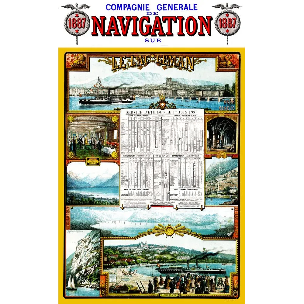 Affiche Navigation Lac Leman 1887 Geneve Lausanne Ouchy bateau vapeur horaires croisiere Affiche Navigation Lac Leman 1887 Geneve Lausanne Ouchy bateau vapeur horaires croisiere