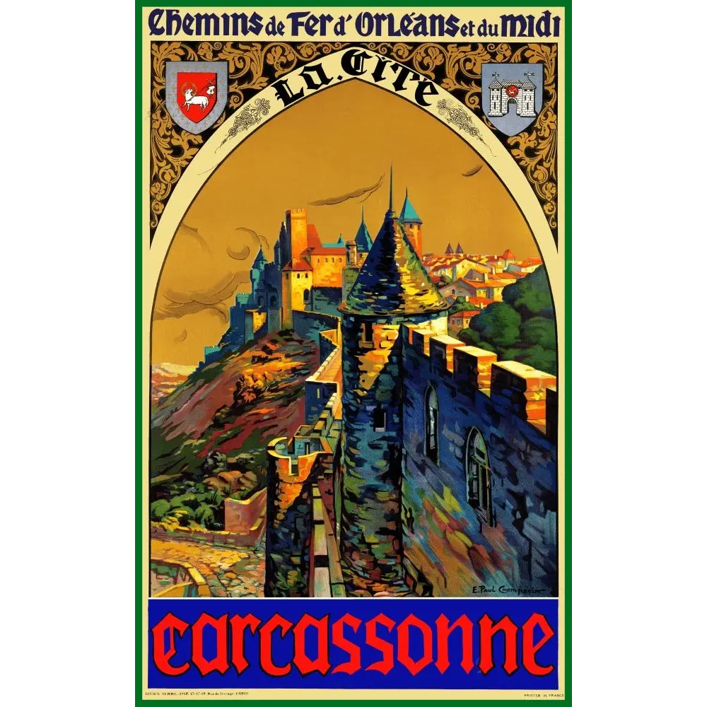 Affiche La Cite Carcassonne Chemins de Fer Orleans Midi chateau remparts medieval