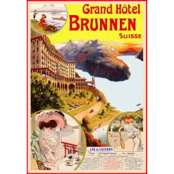 Affiche Grand Hotel Brunnen Suisse Lac de Lucerne tennis peche montagne villegiature
