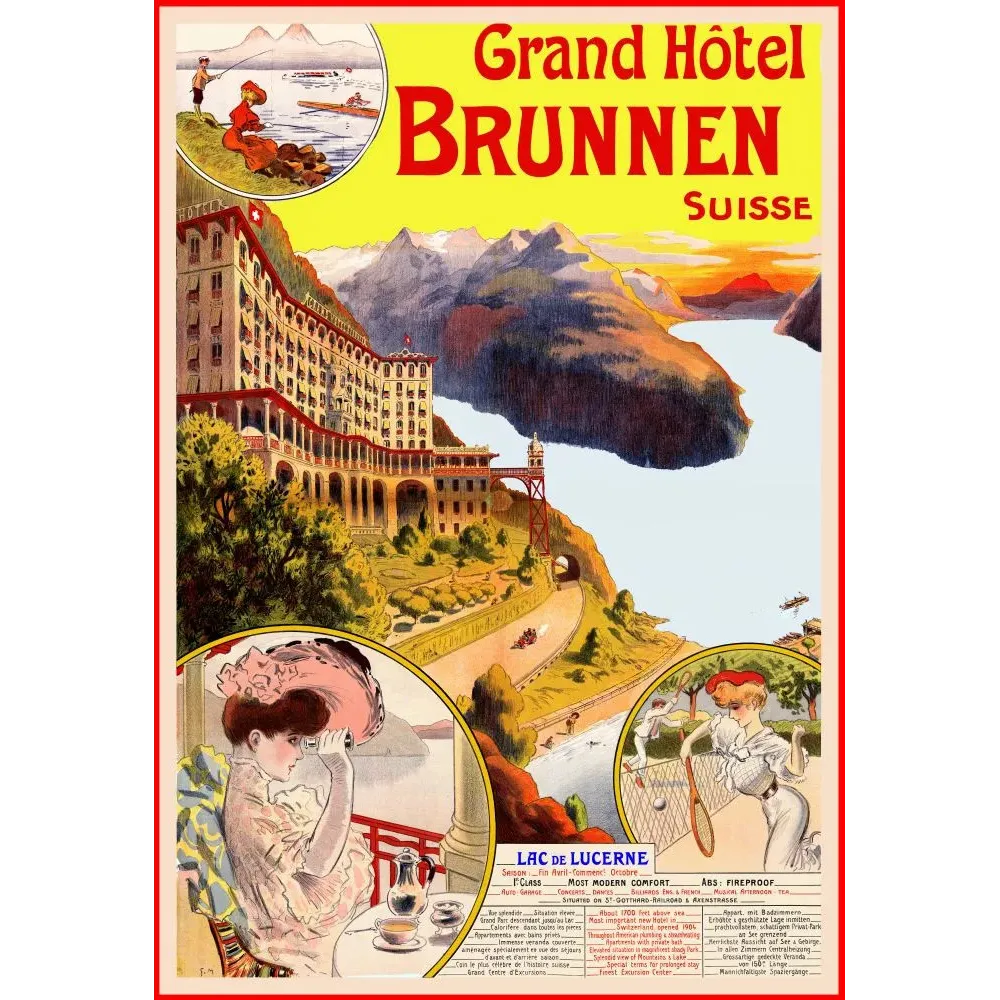 Affiche Grand Hotel Brunnen Suisse Lac de Lucerne tennis peche montagne villegiature Affiche Grand Hotel Brunnen Suisse Lac de Lucerne tennis peche montagne villegiature
