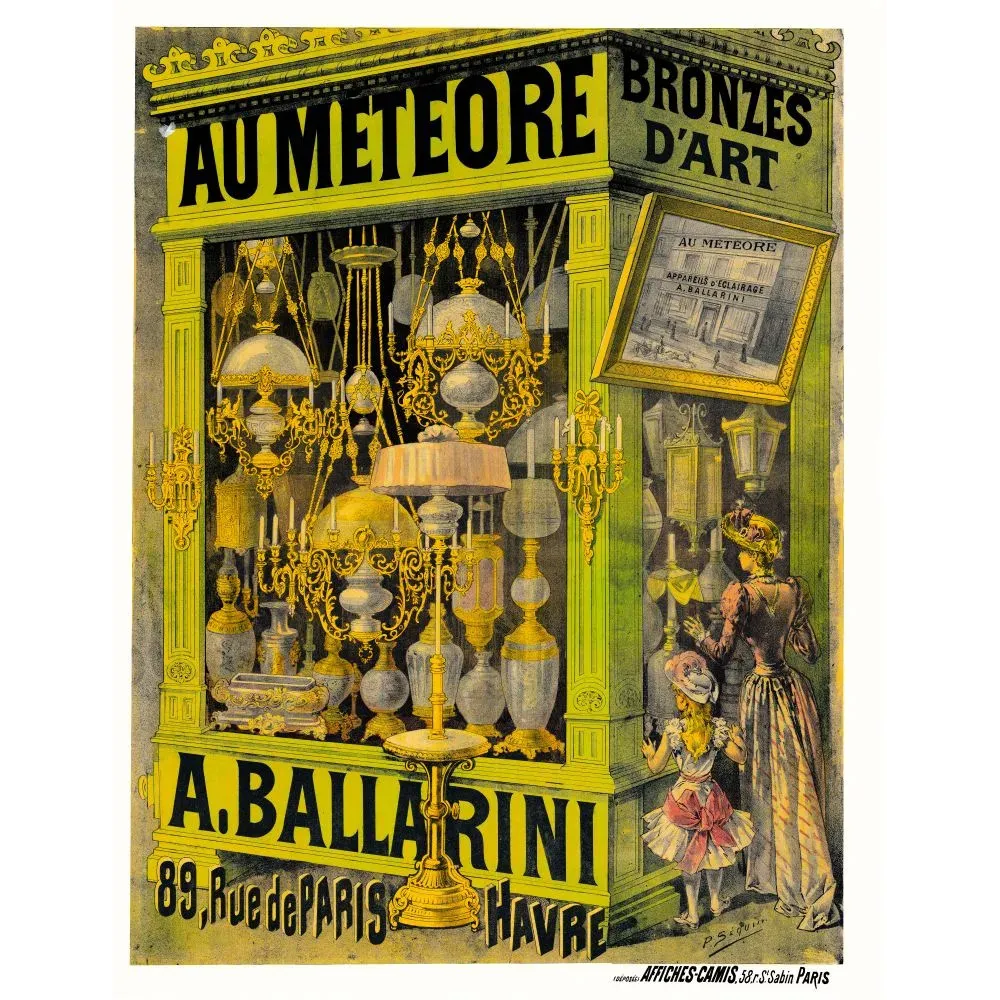 Affiche Au Meteore bronzes d'art lampes lustres eclairage A. Ballarini Havre vitrine Affiche Au Meteore bronzes d'art lampes lustres eclairage A. Ballarini Havre vitrine