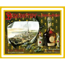 Affiche Benedictine Abbaye de Fecamp liqueur DOM Normandie fleurs de lys hirondelles
