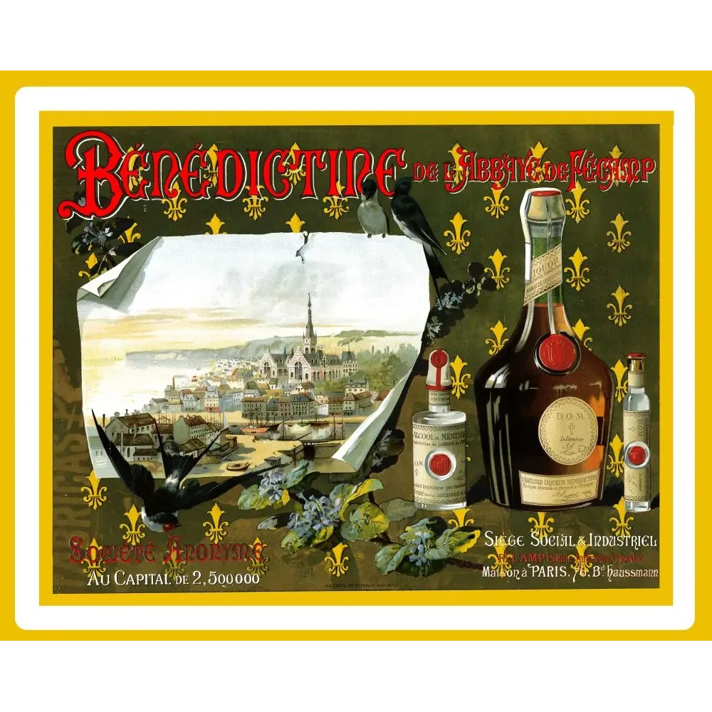 Affiche Benedictine Abbaye de Fecamp liqueur DOM Normandie fleurs de lys hirondelles Affiche Benedictine Abbaye de Fecamp liqueur DOM Normandie fleurs de lys hirondelles
