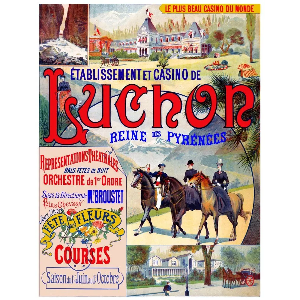 Affiche Casino de Luchon Reine des Pyrenees chevaux cavaliers fete des fleurs courses