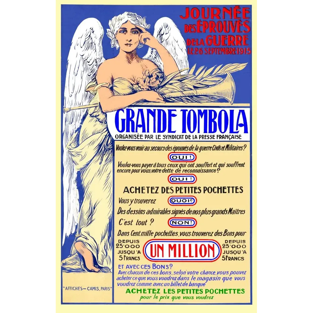 Affiche Grande Tombola 1915 Journee des Eprouves de la Guerre ange presse francaise Affiche Grande Tombola 1915 Journee des Eprouves de la Guerre ange presse francaise