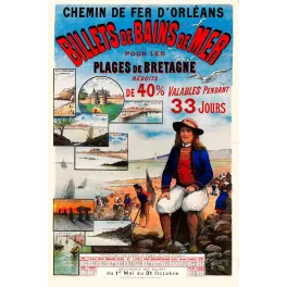 Affiche Billets Bains de Mer Bretagne Guerande Quiberon Carnac costume breton plages