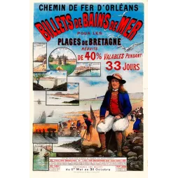 Affiche Billets Bains de Mer Bretagne Guerande Quiberon Carnac costume breton plages