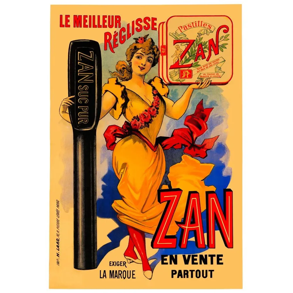 Affiche Zan Le Meilleur Reglisse pastilles suc pur bonbon confiserie femme robe jaune Affiche Zan Le Meilleur Reglisse pastilles suc pur bonbon confiserie femme robe jaune