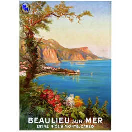 Affiche Beaulieu-sur-Mer entre Nice et Monte-Carlo Riviera baie PLM pin parasol fleurs