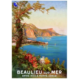 Affiche Beaulieu-sur-Mer entre Nice et Monte-Carlo Riviera baie PLM pin parasol fleurs