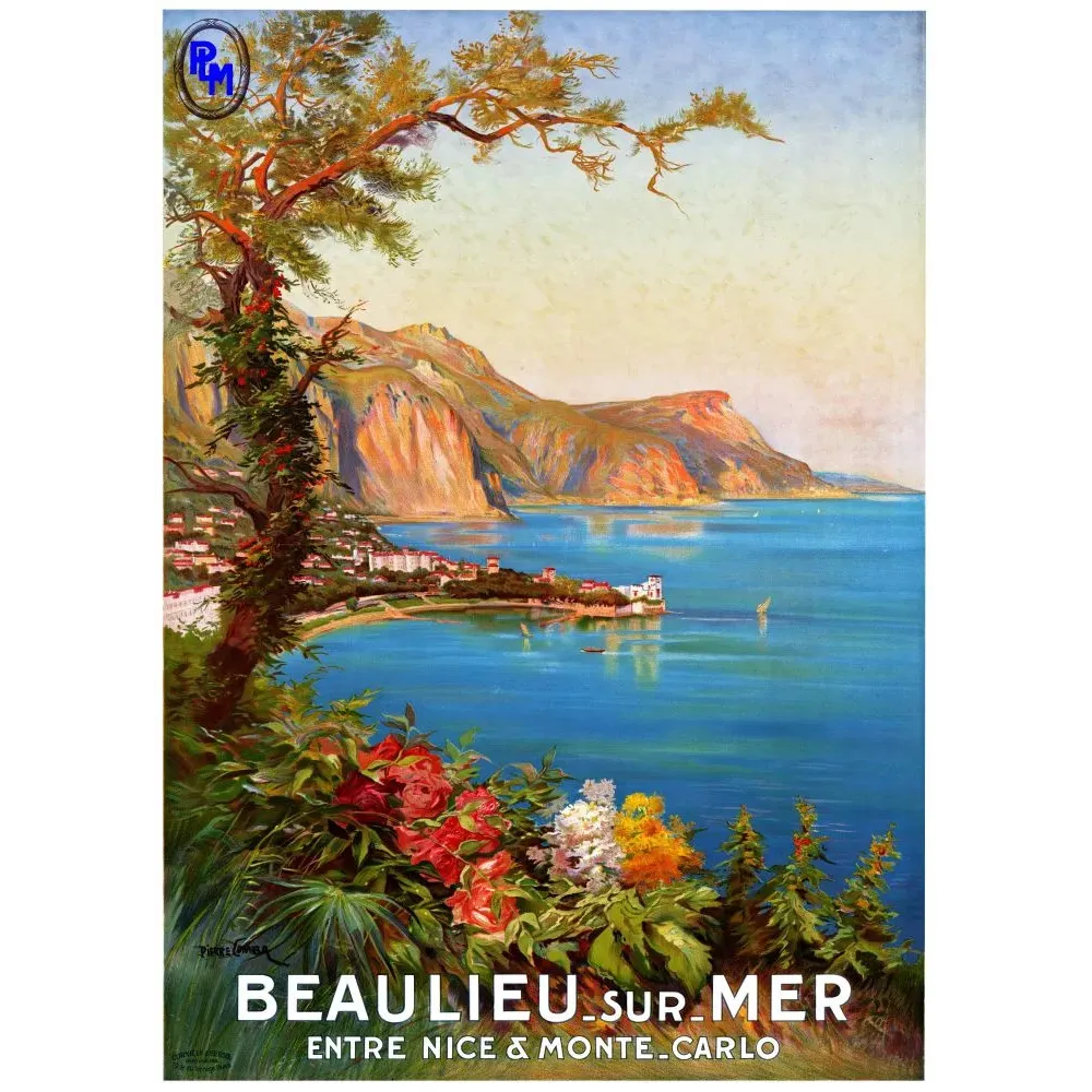 Affiche Beaulieu-sur-Mer entre Nice et Monte-Carlo Riviera baie PLM pin parasol fleurs