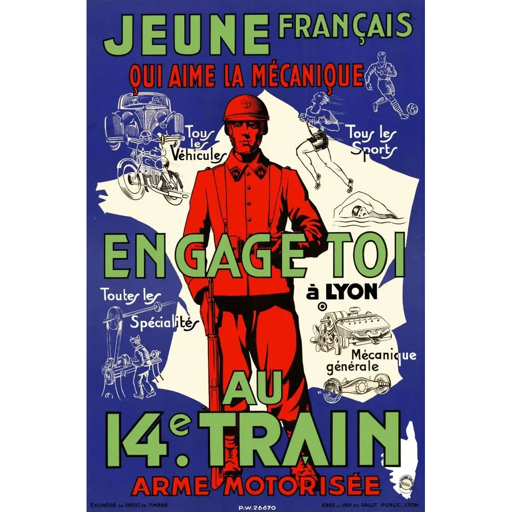 Affiche 14e Train Engage-toi a Lyon arme motorisee mecanique sport recrutement soldat Affiche 14e Train Engage-toi a Lyon arme motorisee mecanique sport recrutement soldat