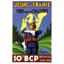 Affiche 10e BCP Chasseurs Neuville-sur-Ain Faire Face Toujours recrutement montagne