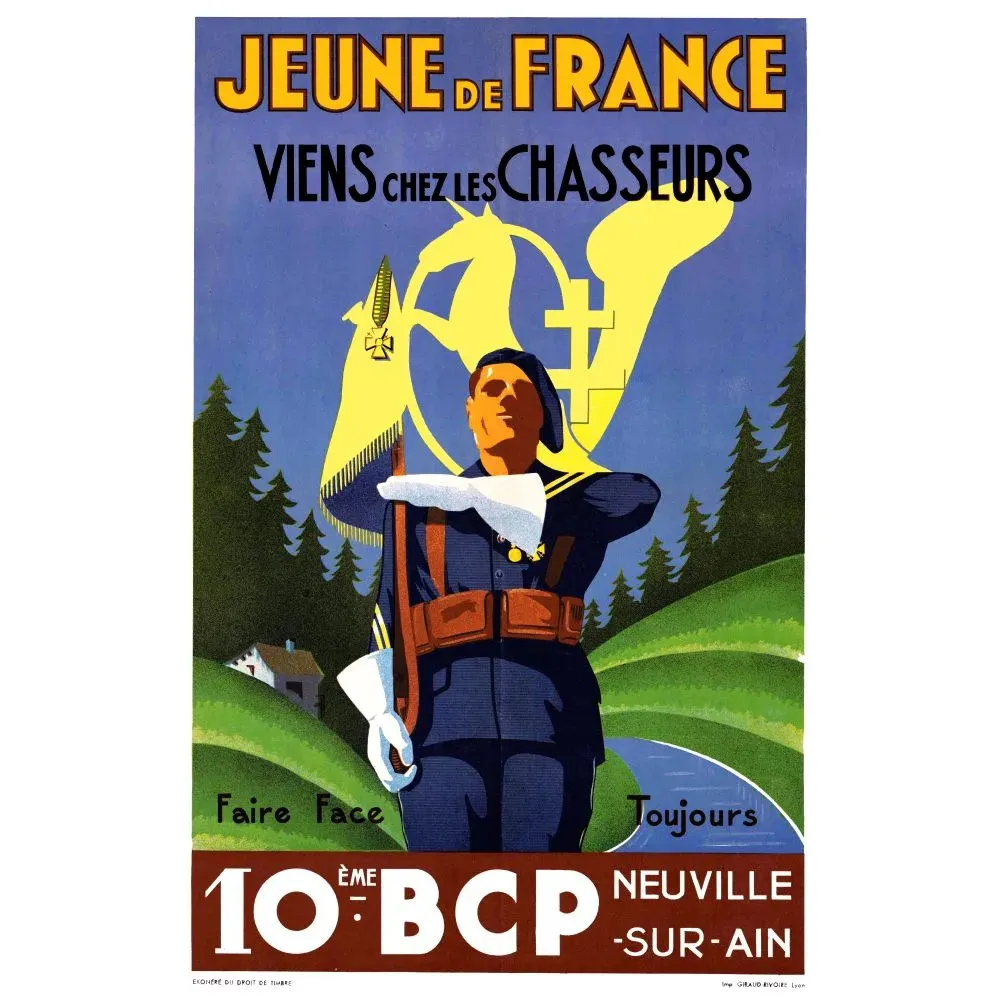 Affiche 10e BCP Chasseurs Neuville-sur-Ain Faire Face Toujours recrutement montagne