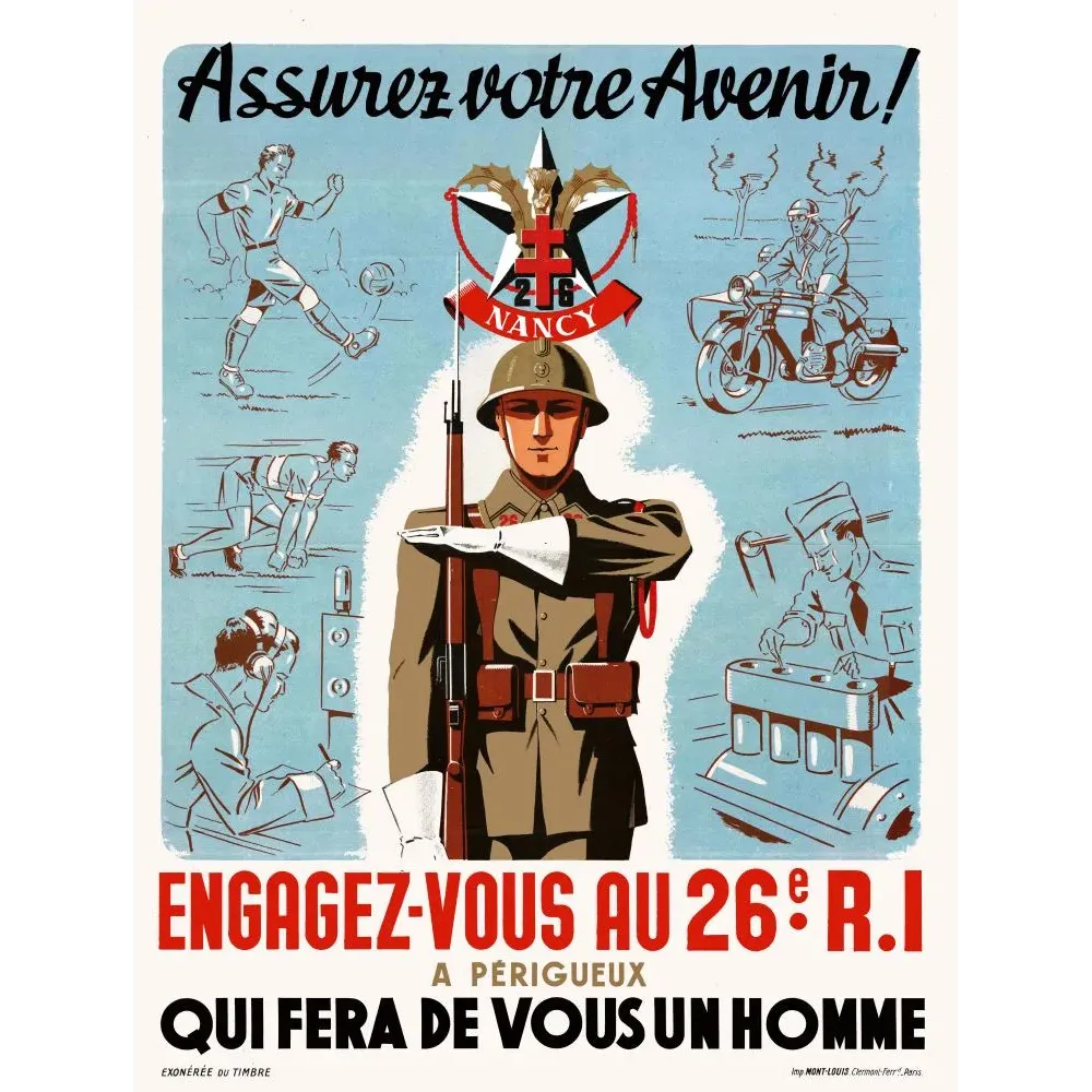 Affiche 26e RI Perigueux Assurez votre Avenir sport moto mecanique recrutement soldat