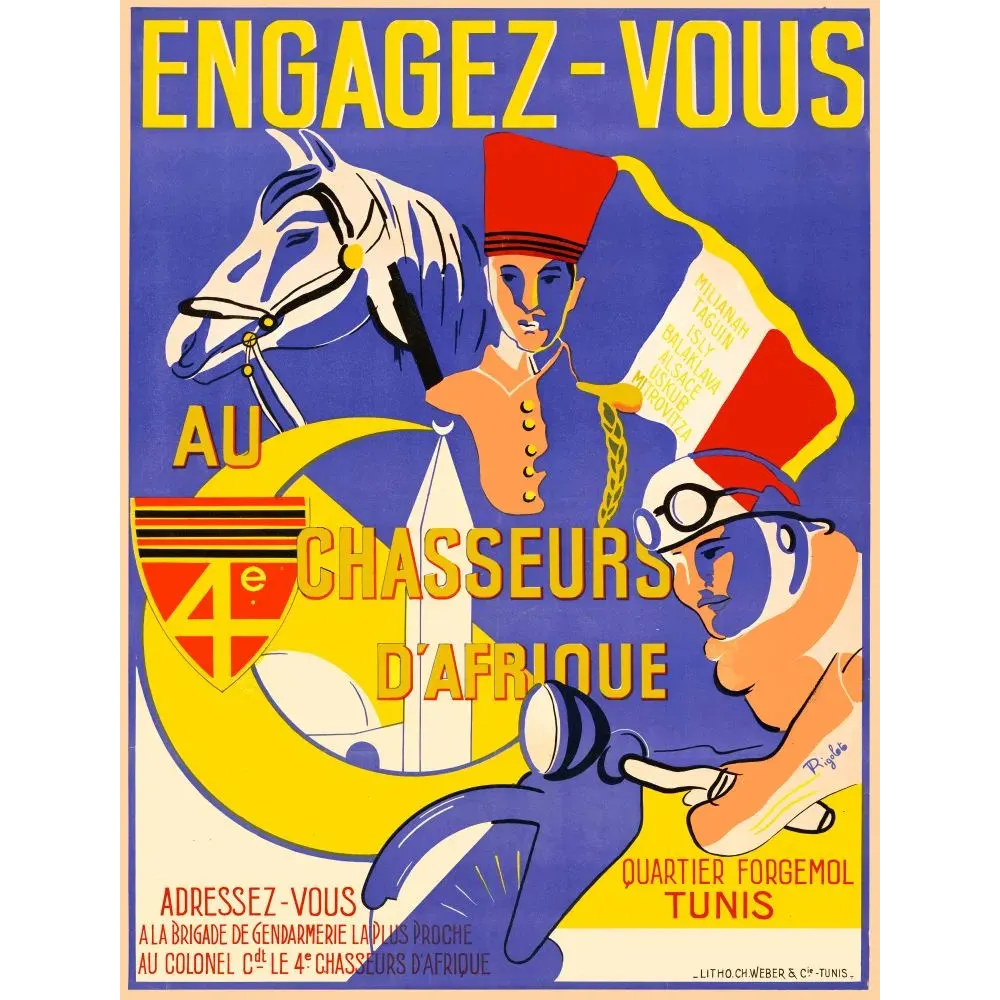Affiche 4e Chasseurs d'Afrique Engagez-vous Tunis cavalier chechia motard Riglos Affiche 4e Chasseurs d'Afrique Engagez-vous Tunis cavalier chechia motard Riglos