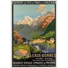 Affiche Eaux-Bonnes Source Vieille Unique au Monde Pyrenees Julien Lacaze cascade
