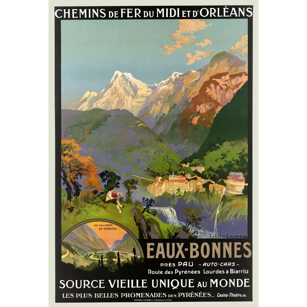 Affiche Eaux-Bonnes Source Vieille Unique au Monde Pyrenees Julien Lacaze cascade