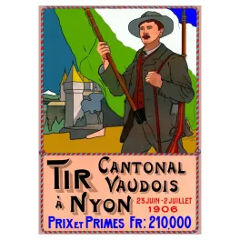 Affiche Tir Cantonal Vaudois Nyon 1906 tireur fusil chateau A. Champod Suisse